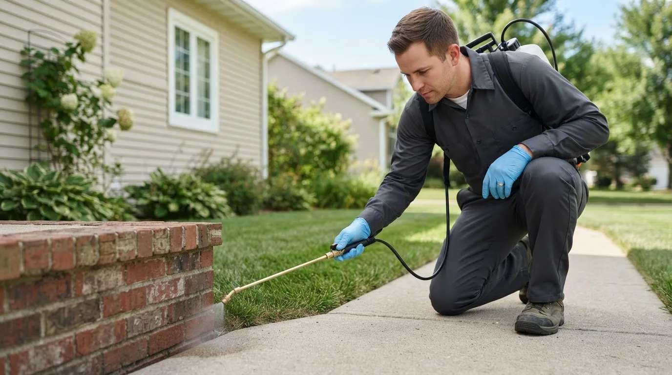 Pest control technician treating a home near Valley City, ND